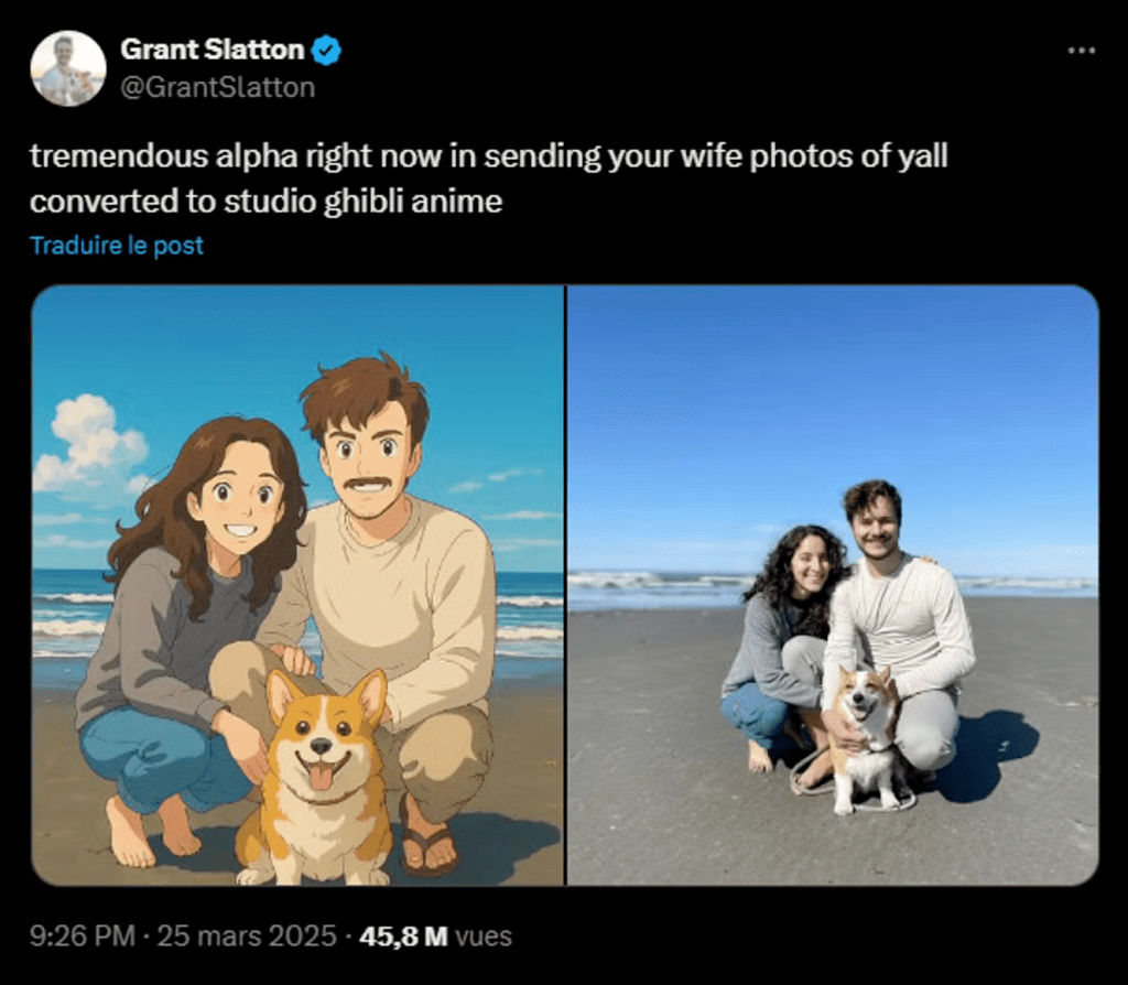 Image split showing a couple and their dog on the beach. On the left, the scene is illustrated in a Studio Ghibli anime style, while the right side shows the original photograph.