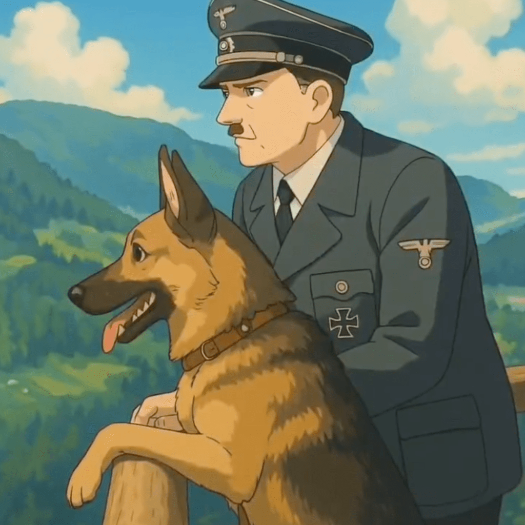 Un personnage masculin en uniforme historique, avec une décoration militaire, se tient à côté d'un chien dans un paysage montagneux en arrière-plan.