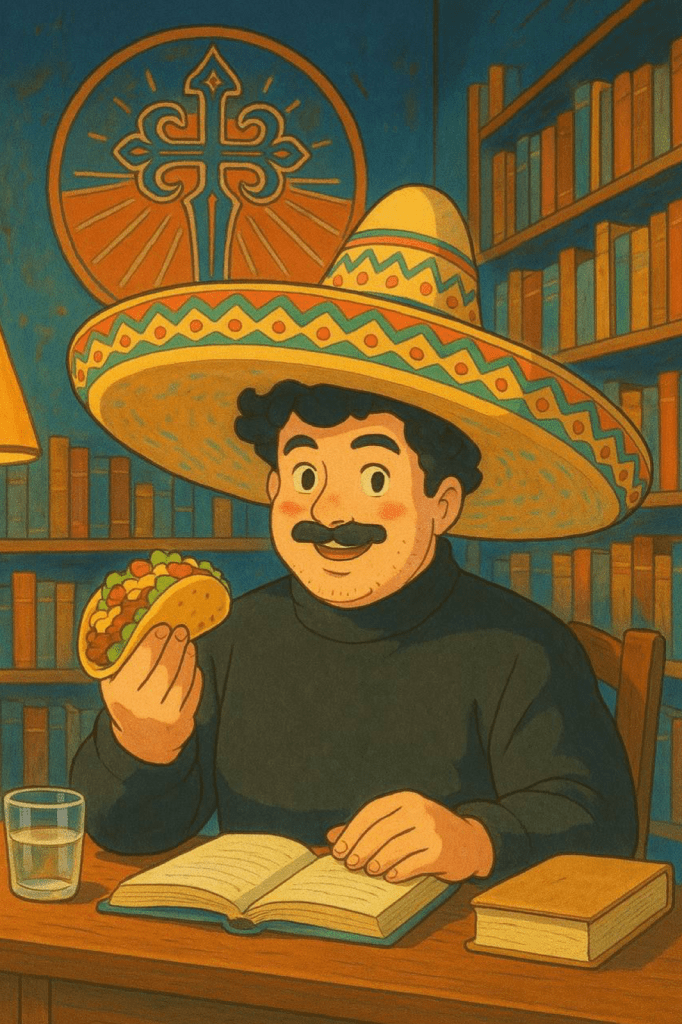 Un homme portant un sombrero tient un taco dans une main, assis à une table avec des livres en arrière-plan.