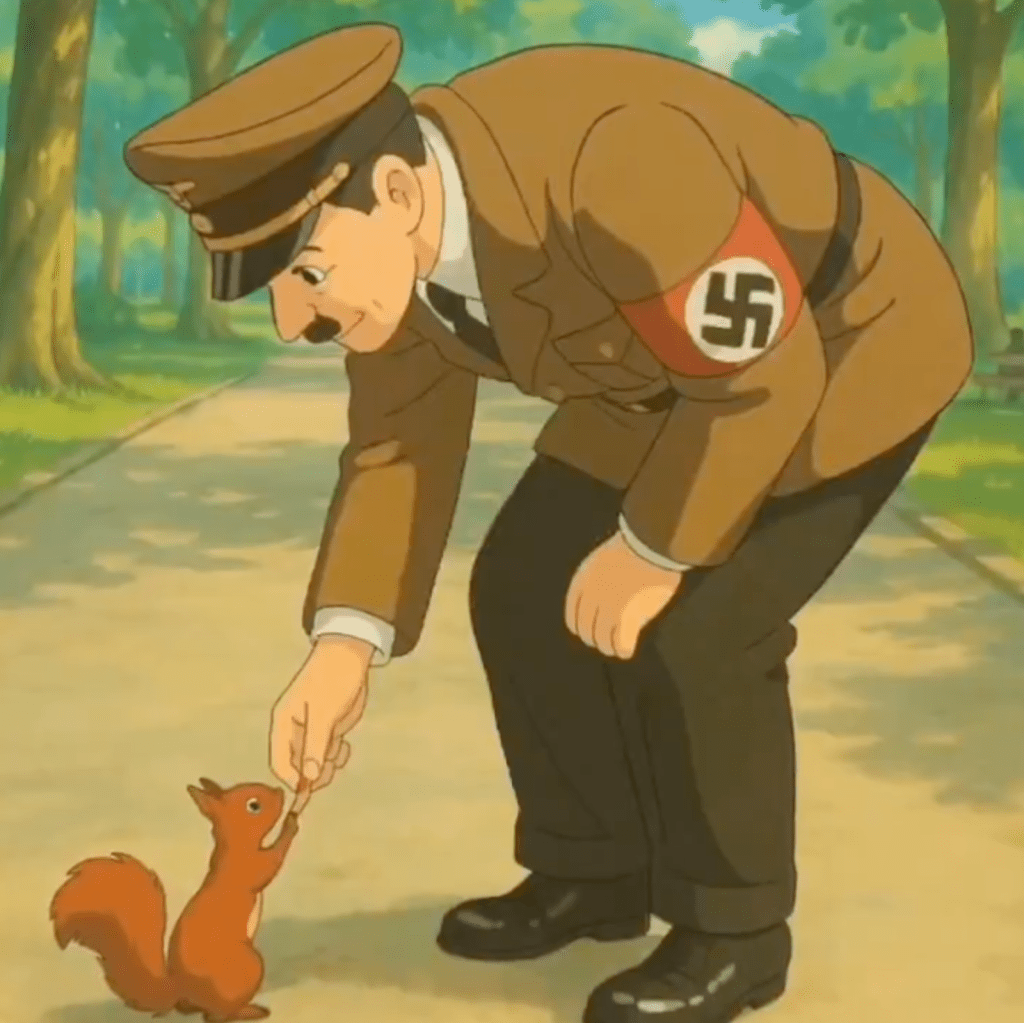 Un personnage en uniforme militaire, avec un brassard à croix gammée, se penche pour nourrir un écureuil dans un parc ensoleillé.