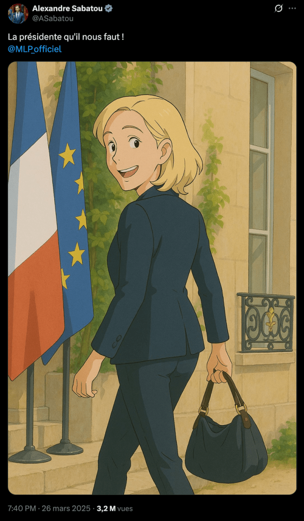 Une illustration dans le style du studio Ghibli représentant une femme blonde en costume, souriante, portant un sac à main, se tenant devant des drapeaux français et européens.