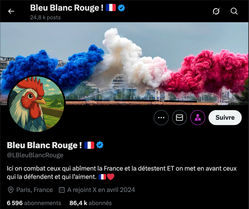 Capture d'écran d'un profil Twitter avec un logo de coq coloré et des fumigènes rouge, bleu et blanc en arrière-plan, portant le nom 'Bleu Blanc Rouge!'