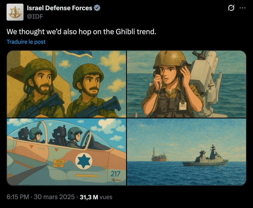 Image stylisée inspirée par les films d'animation du studio Ghibli, représentant des soldats israéliens dans diverses scènes, allant de conversations à des opérations militaires, dans un cadre océanique.