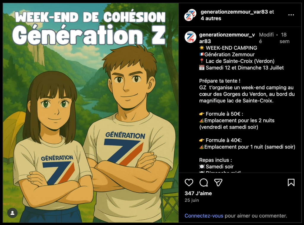 Une illustration d'un weekend de camping, mettant en scène deux personnages animés sur fond d'une nature verdoyante, portant des t-shirts avec le texte 'Génération Z'.